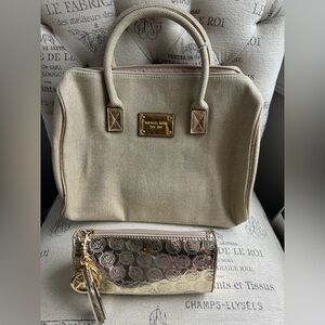 Michael Kors Gold and Beige Satchel and Makeup Bag Set